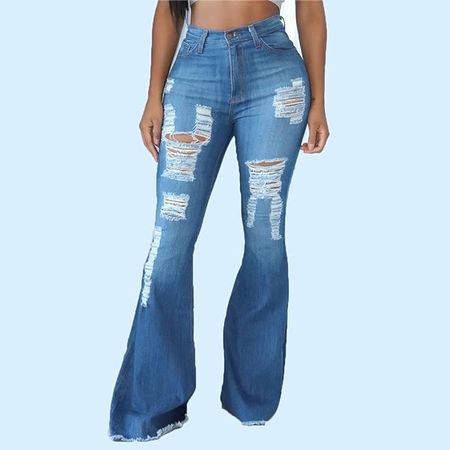 Amazon.com: TWDYC Flare Jeans Women Sexy Ripped Wide Leg Jeans Denim Trousers Vintage Bell Bottom Jeans High Waist Pants Lady (Color : Blue, Size : XXL Code) : Clothing, Shoes & Jewelry