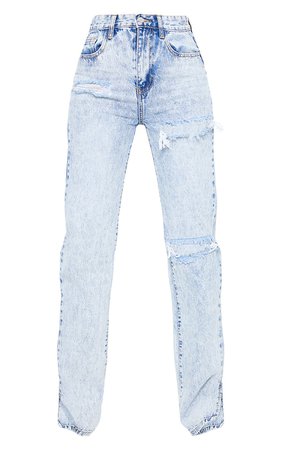 Light Blue Acid Wash Distressed Split Hem Jeans | PrettyLittleThing CA