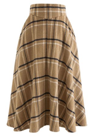 Multicolor Check Print Wool-Blend A-Line Skirt in Caramel - Retro, Indie and Unique Fashion