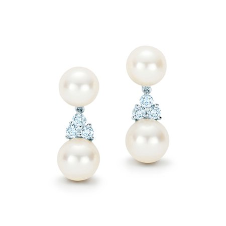 Tiffany Aria drop earrings of Akoya cultured pearls and diamonds in platinum