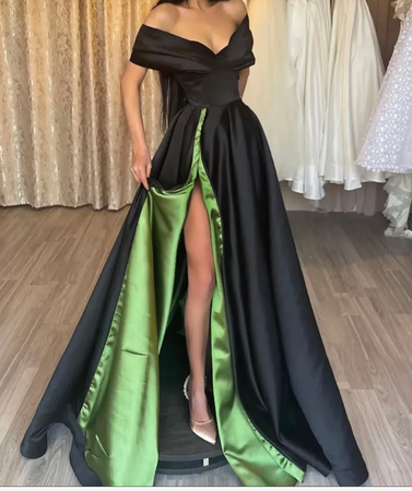 Black and green satin long prom dress A-line evening dress