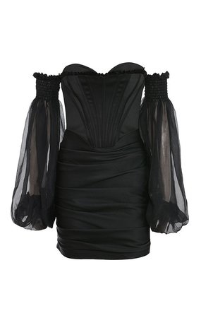 Clothing : Structured Dresses : 'Beau' Black Satin and Chiffon Corset Dress