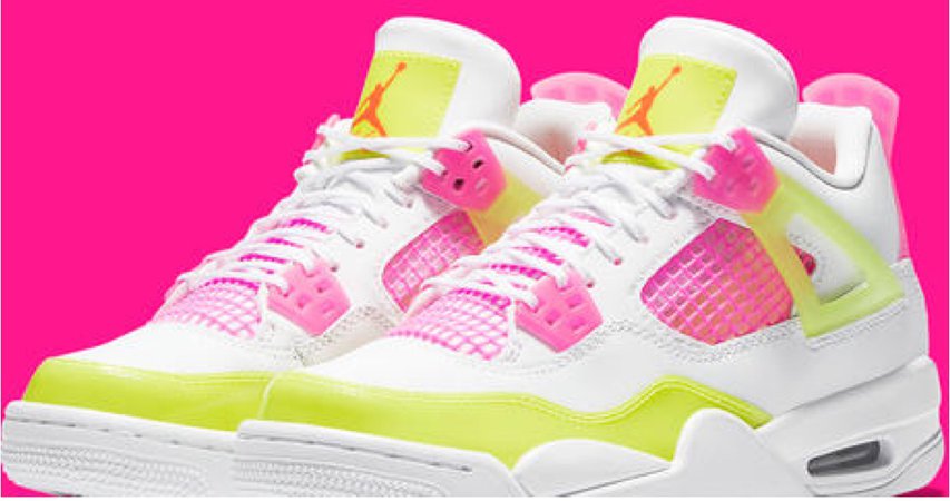 pink, green, and white Air Jordan 4