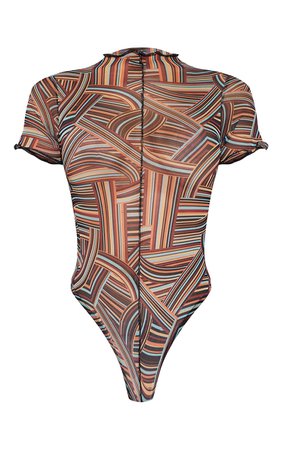 Multi Abstract Stripe Print Mesh Bodysuit | PrettyLittleThing USA