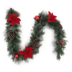 28" Christmas Unlit Red Poinsettia with Ornaments Artificial Pine Wreath - Wondershop : Target