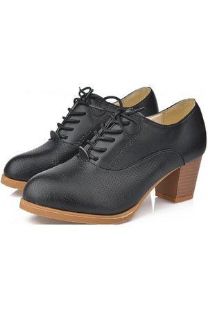 Black Leather Old School Oxfords Lace Up High Heels Ankle Boots Booties Women Shoes