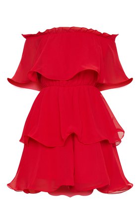 PLT Red Chiffon Bardot Ruffle Tiered Dress