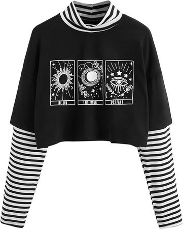 SweatyRocks Women's Color Block Butterfly Print Striped Long Sleeve Crop Top T Shirt Graphic Black White XL at Amazon Women’s Clothing store