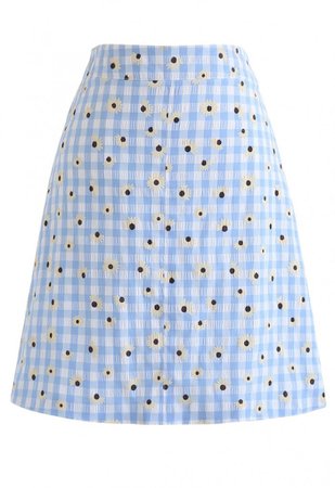 Summer Daisy Printed Gingham Bud Skirt in Blue - NEW ARRIVALS - Retro, Indie and Unique Fashion