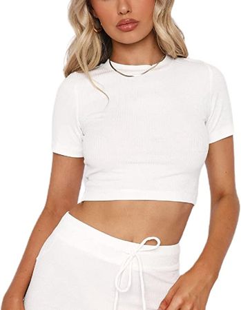 Amazon.com: Sexy Short Sleeve Top for Women Solid Slim Fitted Shirt Tee Basic Crew Neck Crop Top Blouse : Clothing, Shoes & Jewelry
