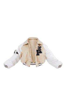 Beige Faux Leather Raglan Sleeve Cropped Varsity Bomber Jacket  $88