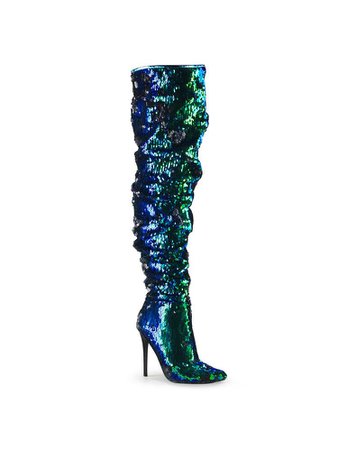Blue/green holographic sequence high heel boots