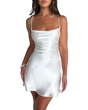 Amazon.com: SHESEEWORLD Women's Sexy Sleeveless Spaghetti Strap Low Cut Backless Wrap Satin Dress A-line Bodycon Drape Mini Dress White : Clothing, Shoes & Jewelry