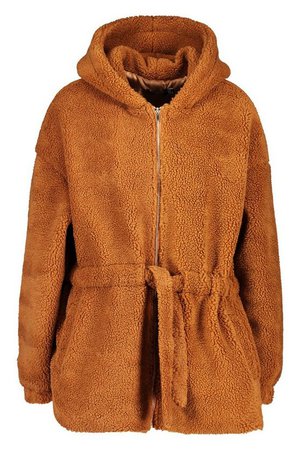 Oversized Hooded Belted Faux Fur Teddy Coat | Boohoo camel