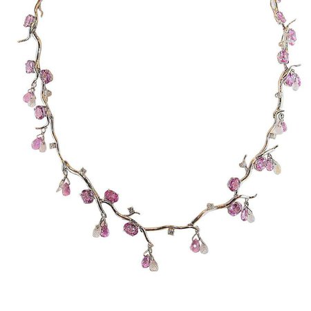 Pink Sapphire Briolette Moonstone Diamond Gold Necklace
