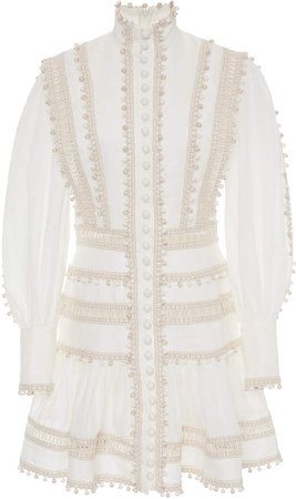Embroidered Button-Detailed Ramie Mini Dress