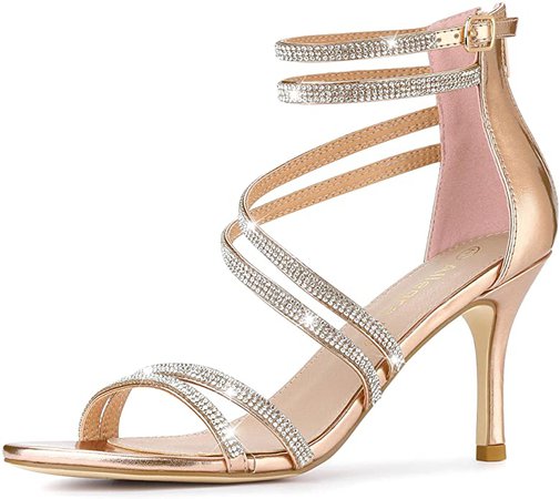 Amazon.com | Allegra K Women's PU Ankle Strap Rhinestone Stiletto Rose Gold Heels Sandals 8 M US | Heeled Sandals