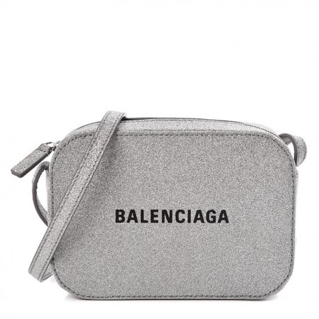BALENCIAGA Glitter Calfskin Everyday Logo XS Camera Bag Silver 491877