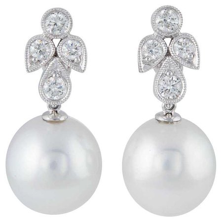 Diamonds and South Sea Pearl Dangling Leaf Earrings For Sale at 1stdibs