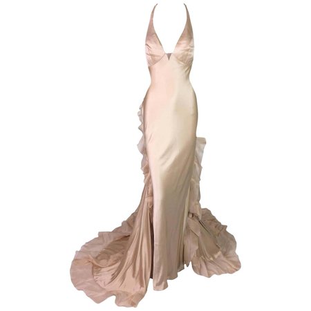 Giorgio Armani Prive Haute Couture Plunging Nude Column Gown Dress, Early 2000s For Sale at 1stDibs