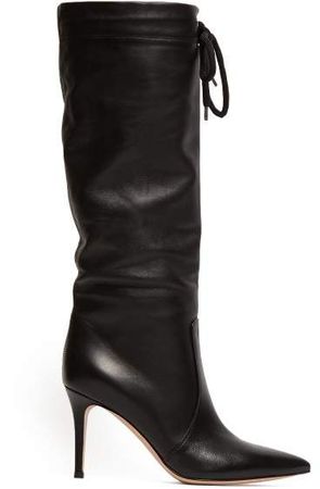 Drawstring Knee High 85 Leather Boots - Womens - Black