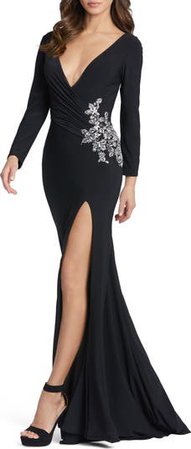 Ieena for Mac Duggal Embellished Long Sleeve Plunge Neck Jersey Gown | Nordstrom