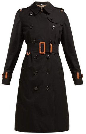 Leather Trimmed Cotton Gabardine Trench Coat - Womens - Black