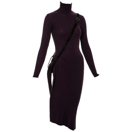 *clipped by @luci-her* Jean Paul Gaultier plum rib-knit wool dress with pony hair harness, fw 2002 For Sale at 1stDibs