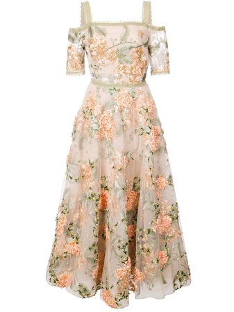 Marchesa Notte Floral-Embroidered Off-The-Shoulder Dress N23G0586 Neutral | Farfetch