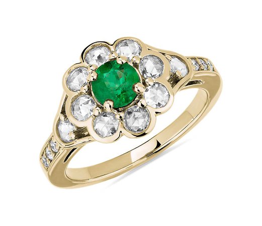 Emerald and Rose Cut Diamond Flower Ring in 18k Yellow Gold | Blue Nile