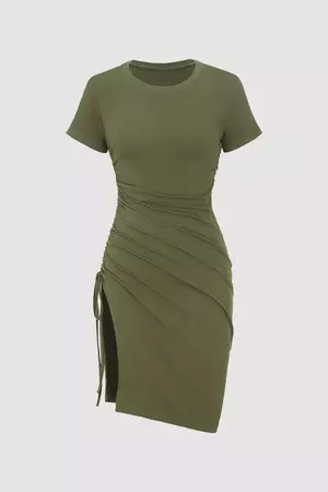 Drawstring Ruched Slit Mini Dress – Micas