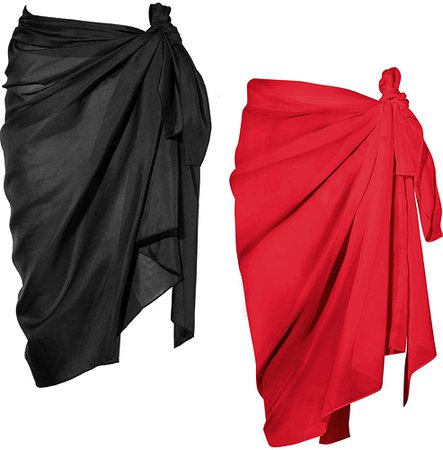 Chuangdi 2 Pieces Women Beach Wrap Sarong Cover Up Chiffon Swimsuit Wrap Skirts (Black and Red) at Amazon Women’s Clothing store