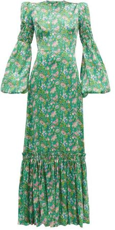Festival Floral Print Silk Charmeuse Maxi Dress - Womens - Green Multi