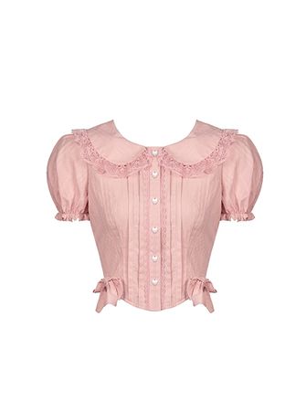 Pink Princess Heart Lace Bow Button Doll Neck Bubble Short Sleeve Shirt - Magic Wardrobes
