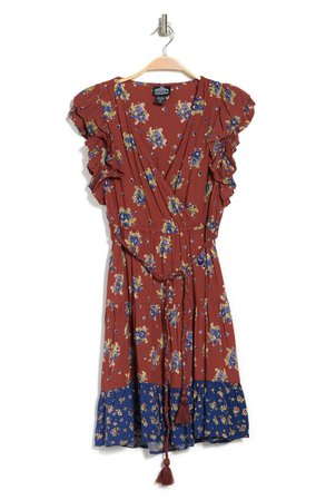 ANGIE Floral Tassel Waist Ruffle Sleeve Dress | Nordstromrack