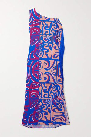 Tiki Asymmetric Fringed Printed Crepe De Chine Maxi Dress - Blue
