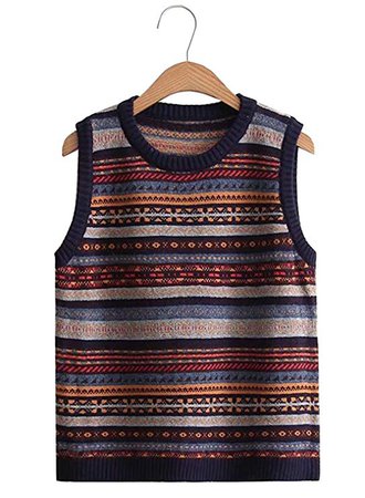 FUTURINO Women's Vintage Stripy Partten Knitted Pullover Sweater Vest Top Navy at Amazon Women’s Clothing store