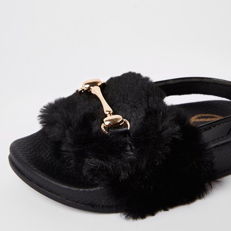 Mini girls black faux fur snaffle sliders - Baby Girls Sandals - Baby Girls Shoes & Boots - Mini Girls - girls