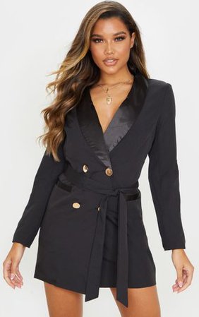 Black Gold Button Satin Detail Blazer Dress | PrettyLittleThing