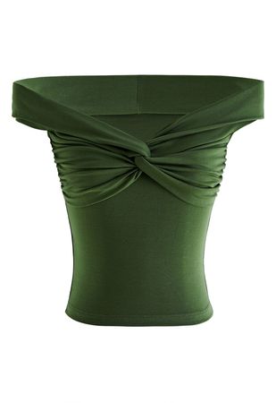 Twist Front Off-Shoulder Fitted Crop Top in Green - Retro, Indie and Unique Fashion