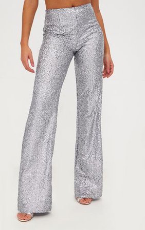 Silver Sequin Wide Leg Trousers | PrettyLittleThing