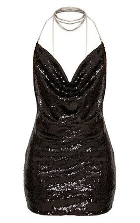Tarria Black Sequin Chain Choker Mini Dress | PrettyLittleThing