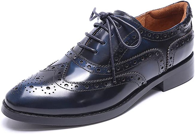 Amazon.com | Mona flying Women's Leather Perforated Lace-up Saddle Oxfords Brogue Wingtip Derby Shoes | Oxfords