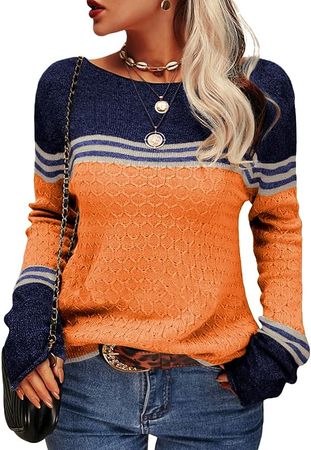 Danedvi Women Autumn Winter Colorblock Pullover Sweaters Round Neck Striped Slim Fitting Knitwear Tops Orange at Amazon Women’s Clothing store