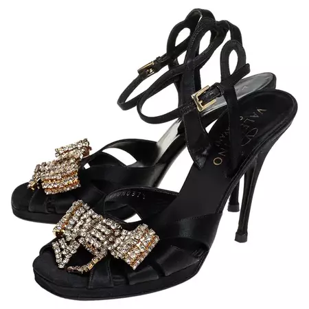 Valentino Black Satin Bow Crystal Embellished Ankle strap Sandals Size 37 For Sale at 1stDibs