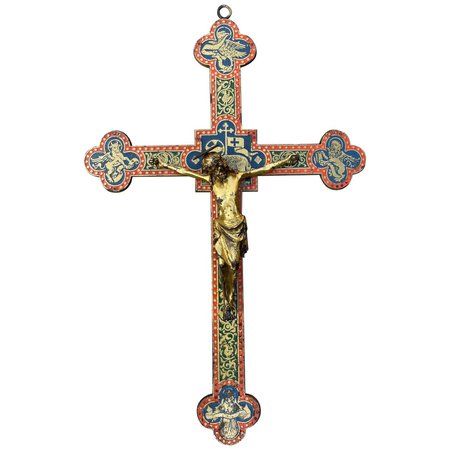 Antique Gothic Revival Crucifix w. Bronze Corpus and Enamelled Sculptured Cross For Sale at 1stDibs