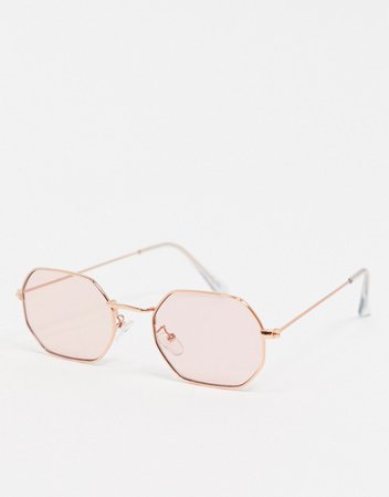ASOS DESIGN metal hexagon shaped sunglasses in rose gold with pink lens | ASOS