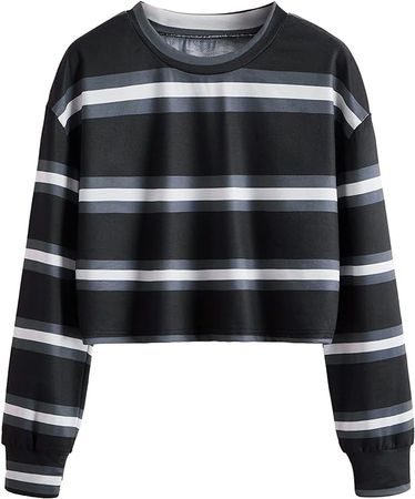 SweatyRocks Women's Casual Long Sleeve Striped Ribbed Knit Crop Top T Shirt Black XL at Amazon Women’s Clothing store