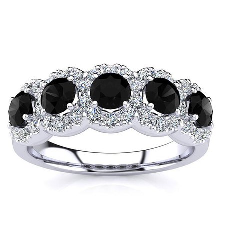 5 Stone Black Diamond and Pave Set Diamond Halo Anniversary Ring