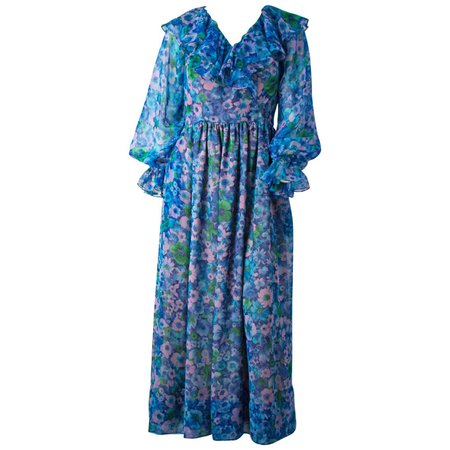 70s Blue Floral Vintage Chiffon Ruffle Dress For Sale at 1stDibs | 70s ruffle dress, floral chiffon ruffle dress, vintage ruffle dress
